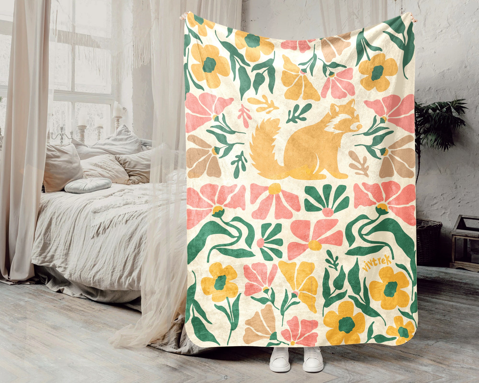 Floral Raccoon Blanket – Cozy Vintage Wildlife Throw Gift