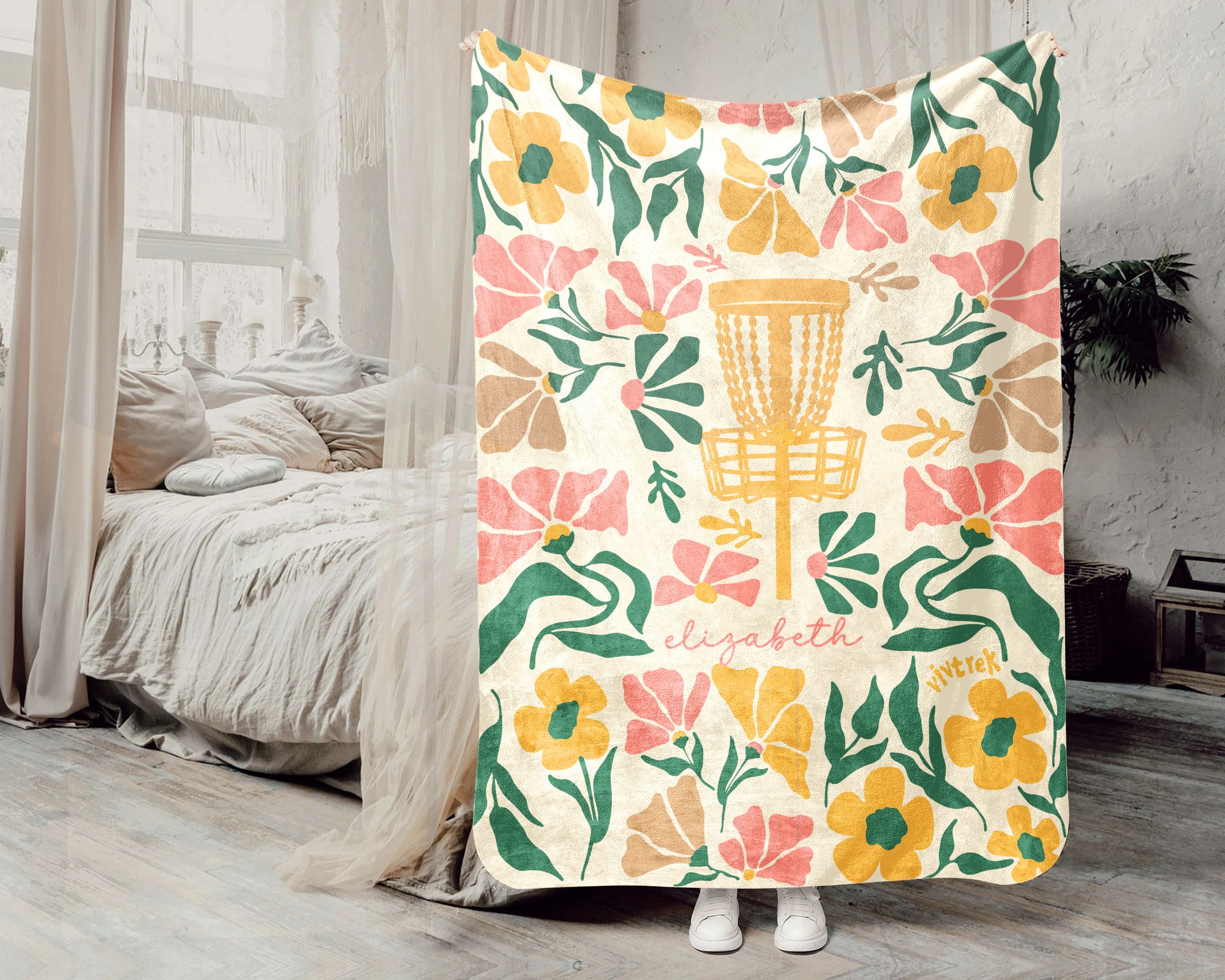 Custom Name Floral Disc Golf Blanket, Cozy Sports Lover Throw