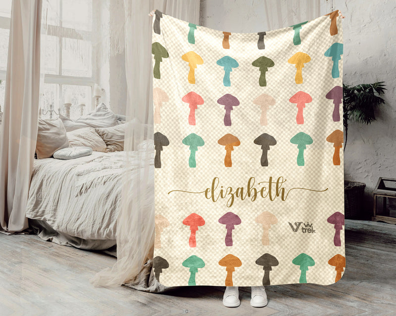 Personalized Name Mushroom Lover Blanket Custom Fungi Throw Retro Cottagecore Nature Cozy Botanical Forest Decor Soft Fleece Gift Home Accent