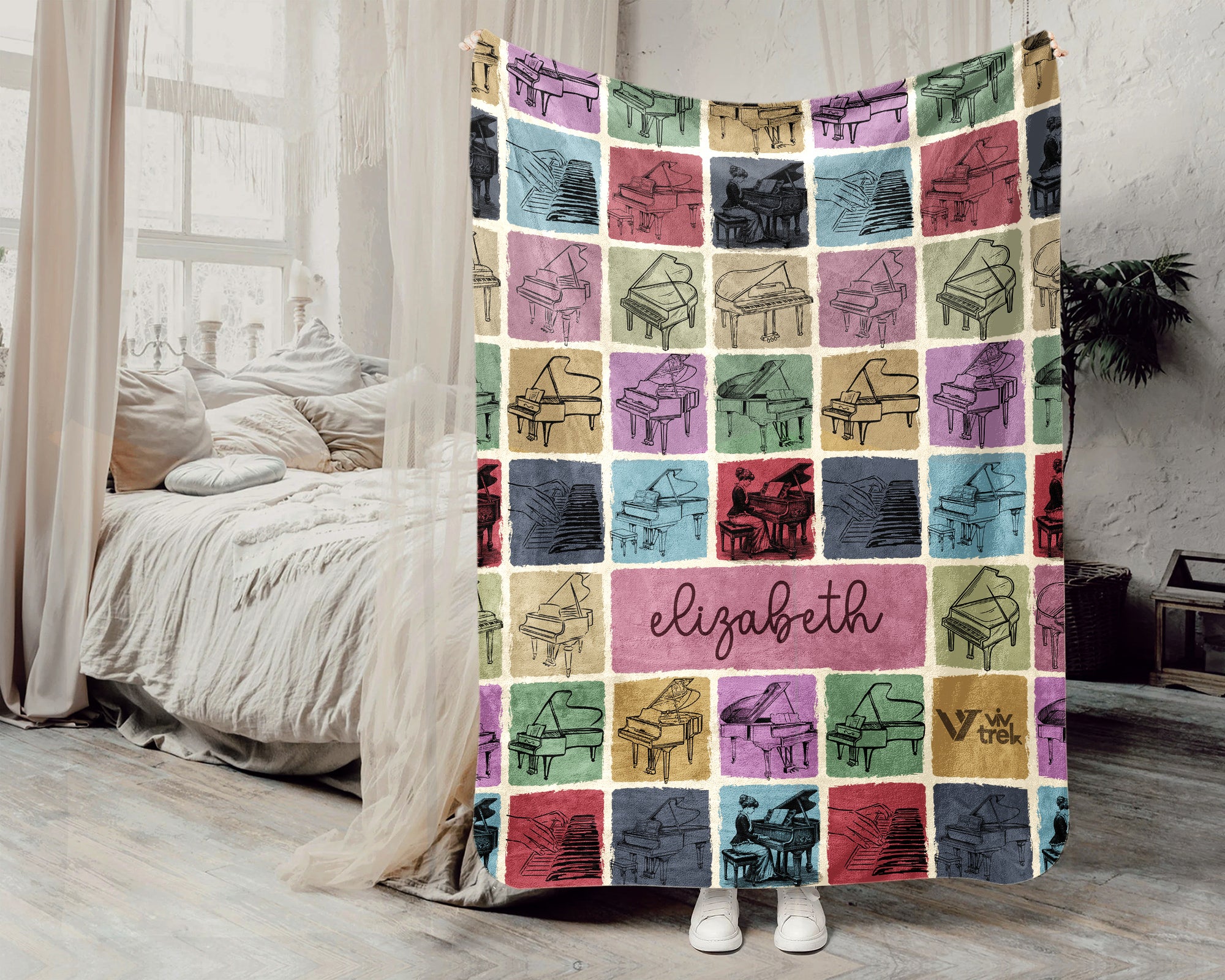 Custom Piano Blanket Personalized Name Vintage Grand Music Lover Retro Pianist Throw Cozy Classical Music Gift Home Accent