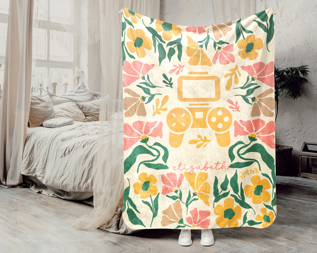 Floral Personalized Name Video Gaming Blanket with Custom Name, Cozy Floral Gamer Throw for Kids Teens Adults, Birthday Gift for Boys & Girls