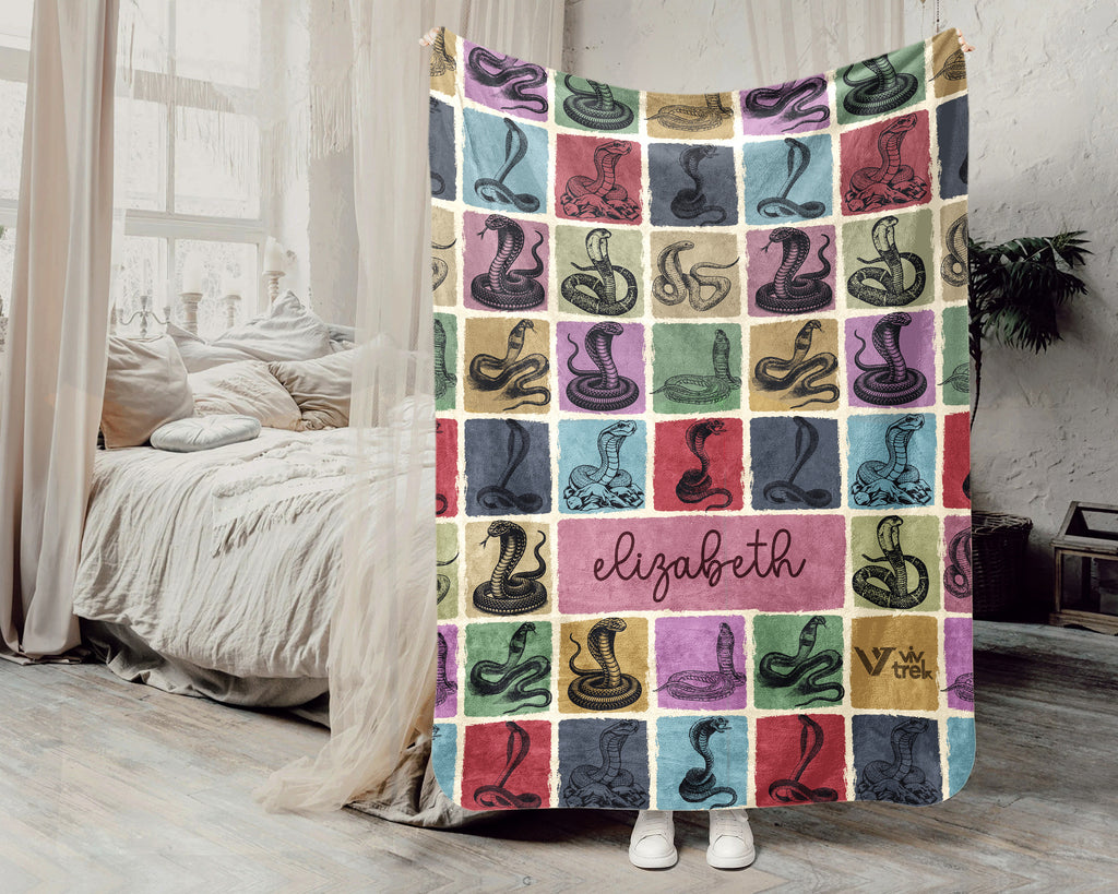 Custom Cobra Snake Blanket Personalized Name Retro Reptile Throw Cozy Serpent Decor Unique Exotic Animal Gift Home Accent