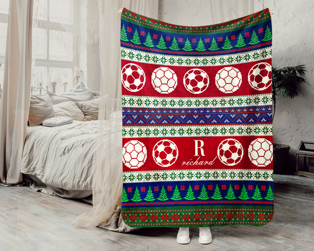 Soccer Christmas Blanket, Personalized Soccer Throw for Boys and Girls, Soccer Lover, Cozy Holiday Gift for Player, Kids Sports Blanket