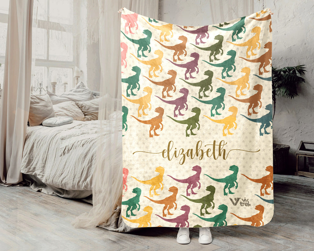 Personalized Velociraptor Dinosaur Blanket Custom Name Retro Dino Throw Cozy Jurassic Gift Paleontology Decor Blanket for Kids and Adults