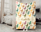 Personalized Velociraptor Dinosaur Blanket Custom Name Retro Dino Throw Cozy Jurassic Gift Paleontology Decor Blanket for Kids and Adults