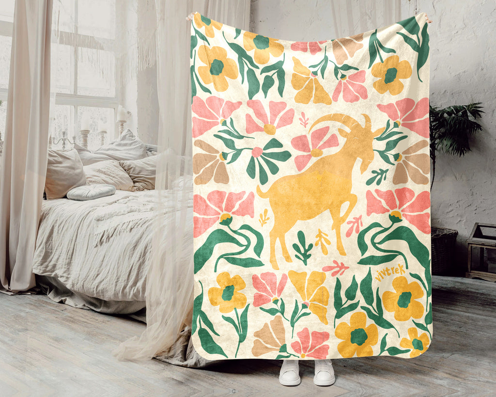 Floral Goat Blanket – Cozy Retro Farm Animal Throw for Home