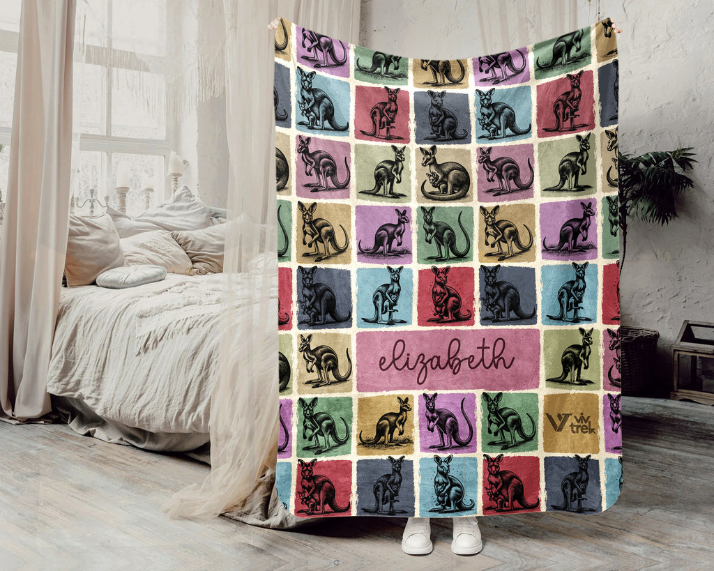 Custom Kangaroo Blanket Personalized Name Retro Wildlife Throw Cozy Aussie Animal Decor Unique Gift Nature Inspired Home Accent