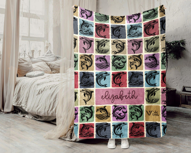 Custom Dolphin Lover Blanket Personalized Name Retro Ocean Animal Throw Vintage Marine Cozy Fleece Gift Sea Life Home Decor Accent