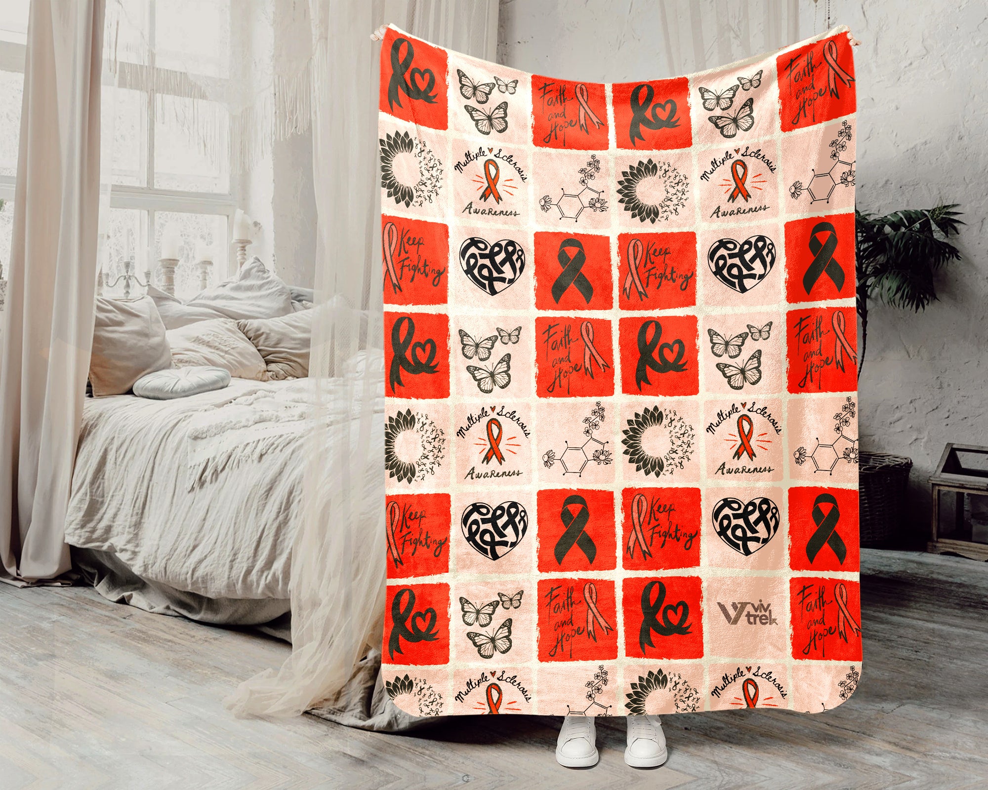 Multiple Sclerosis Blanket, Orange Ribbon Support Throw, March MS Awareness Gift, Cozy Comfort Battle Blanket for Advocacy and Care