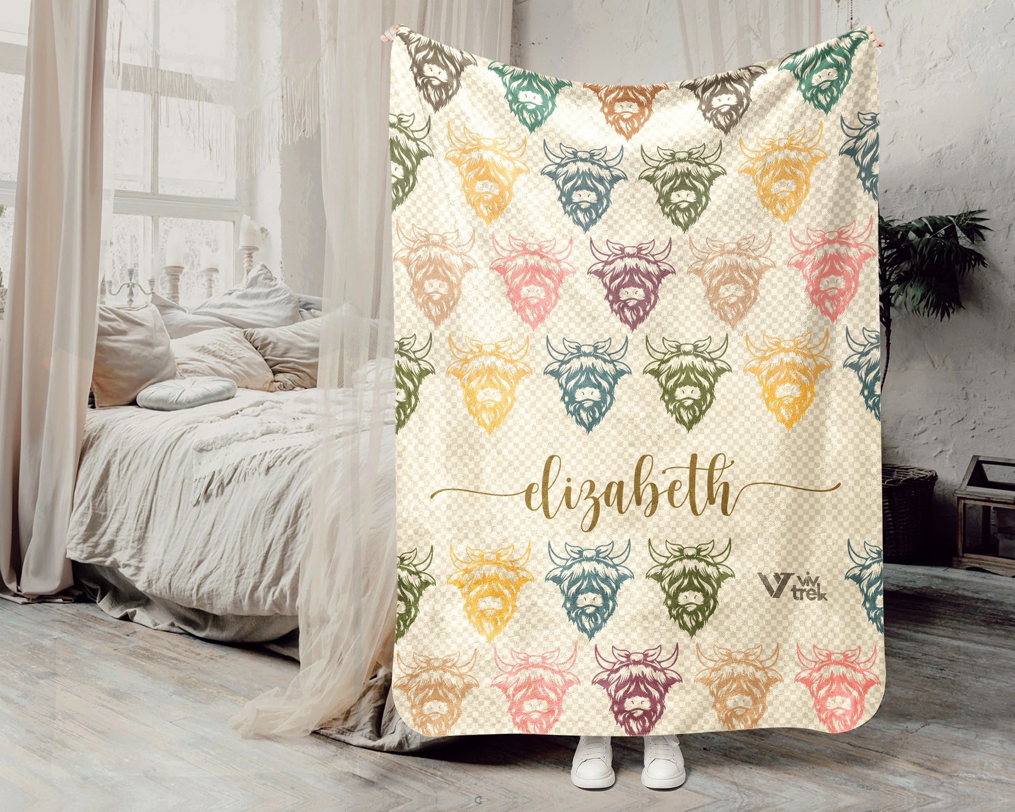 Custom Name Highland Cow Blanket Rustic Animal Throw Cozy Personalized Gift Soft Farmhouse Decor for Cow Lovers Home