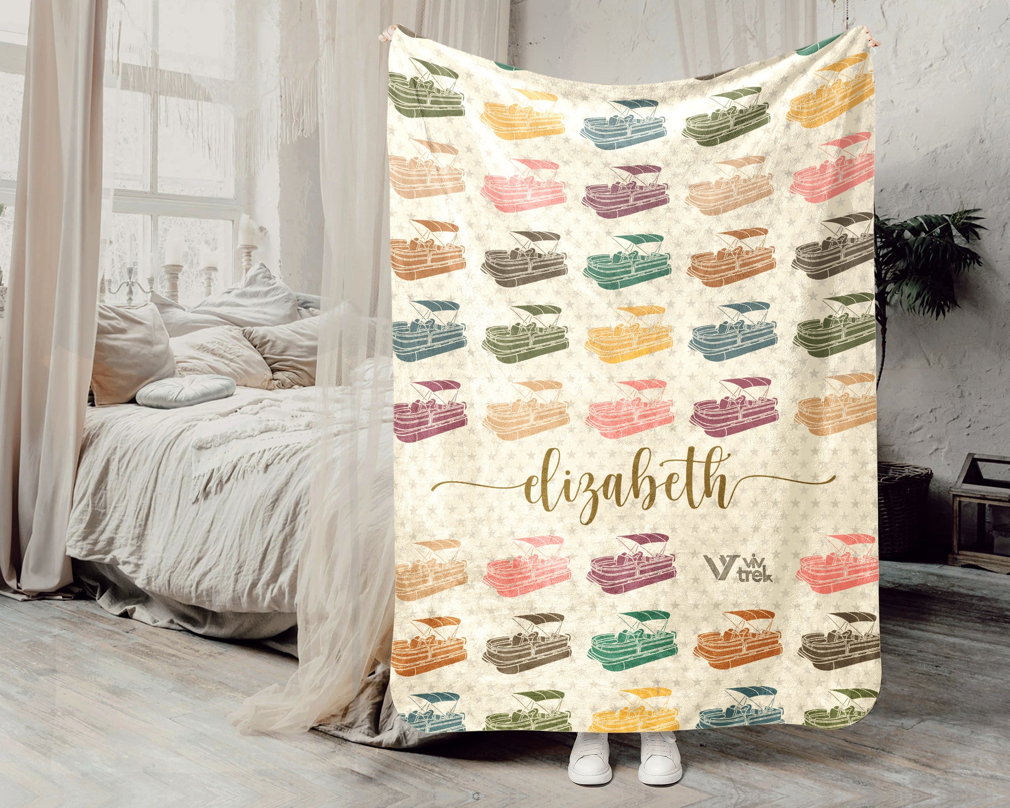 Custom Name Nautical Pontoon Captain Blanket, Retro Boat Lover Throw for Lake Life Fans, Cozy Marine Inspired Home Decor Gift