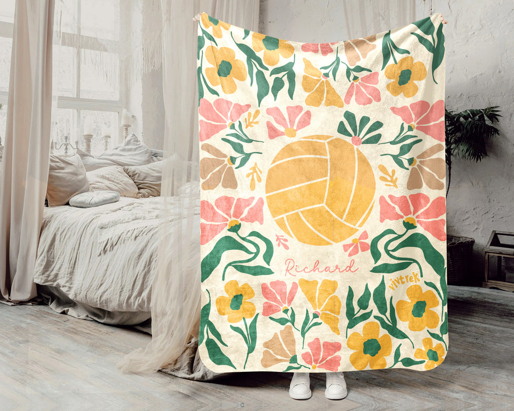 Custom Name Floral Volleyball Blanket, Sports Throw, Cozy Funny Volleyball Gift for Players and Fans Room Decor