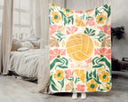 Custom Name Floral Volleyball Blanket, Sports Throw, Cozy Funny Volleyball Gift for Players and Fans Room Decor