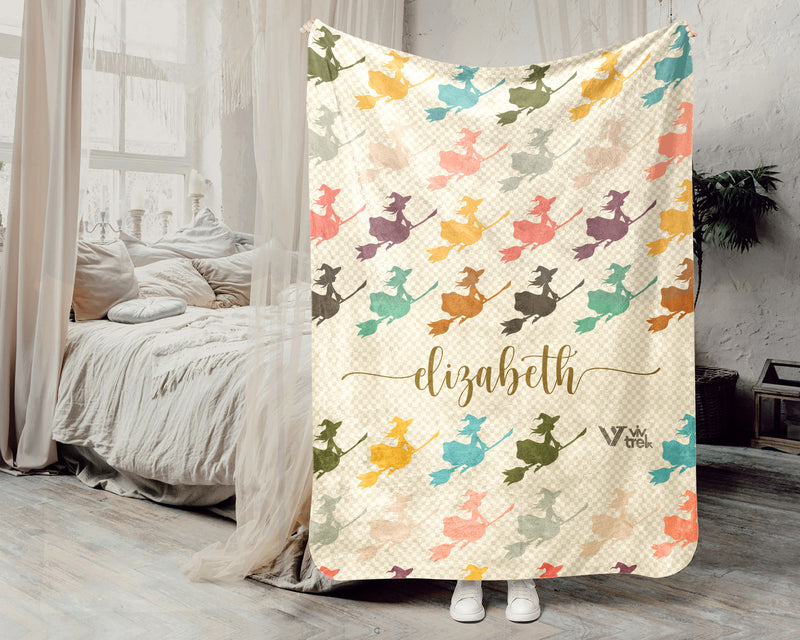 Custom Name Retro Witch Blanket, Personalized Halloween Throw for Cozy Gothic Decor and Magical Autumn Home Spaces