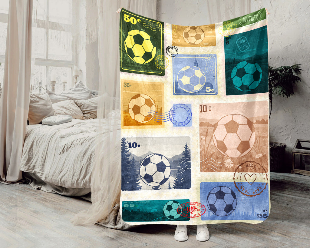 Soccer Lover Blanket Gift, Soccer Stamp Throw for Players, Cozy Unique Football Fan Decor, Cool Sports Graphic Blanket, Soccer Room Accent
