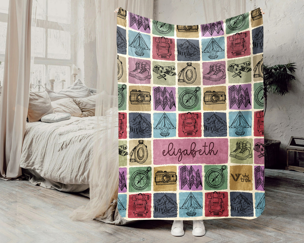Personalized Name Hiking Blanket, Retro Mountain Throw for Outdoor Lovers, Cozy Nature Inspired Hiker Gift Decor