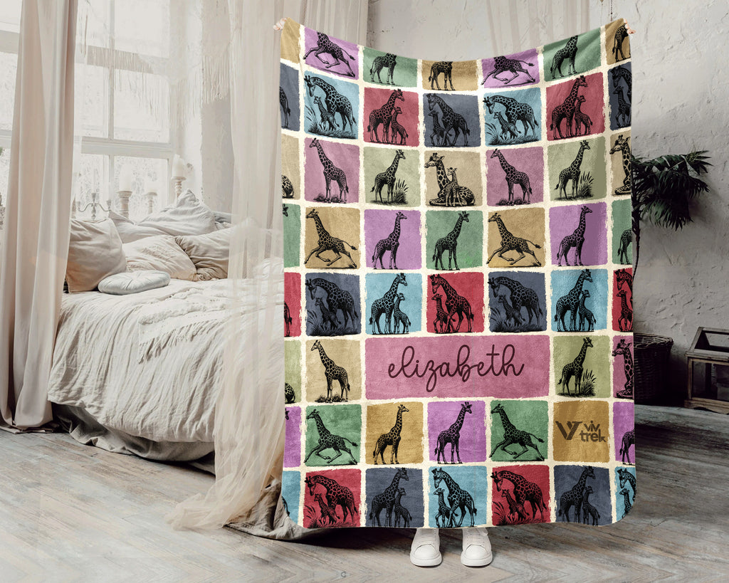 Personalized Giraffe Blanket – Custom Name Cozy Vintage Wildlife Throw