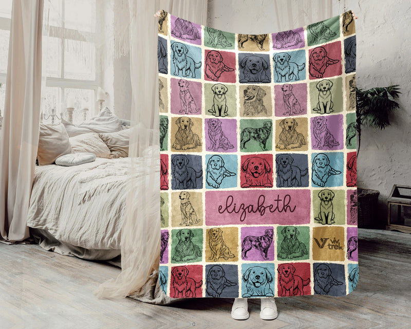 Custom Golden Retriever Blanket Personalized Name Dog Lover Throw Vintage Retro Canine Cozy Fleece Gift Soft Home Decor Sofa Accent