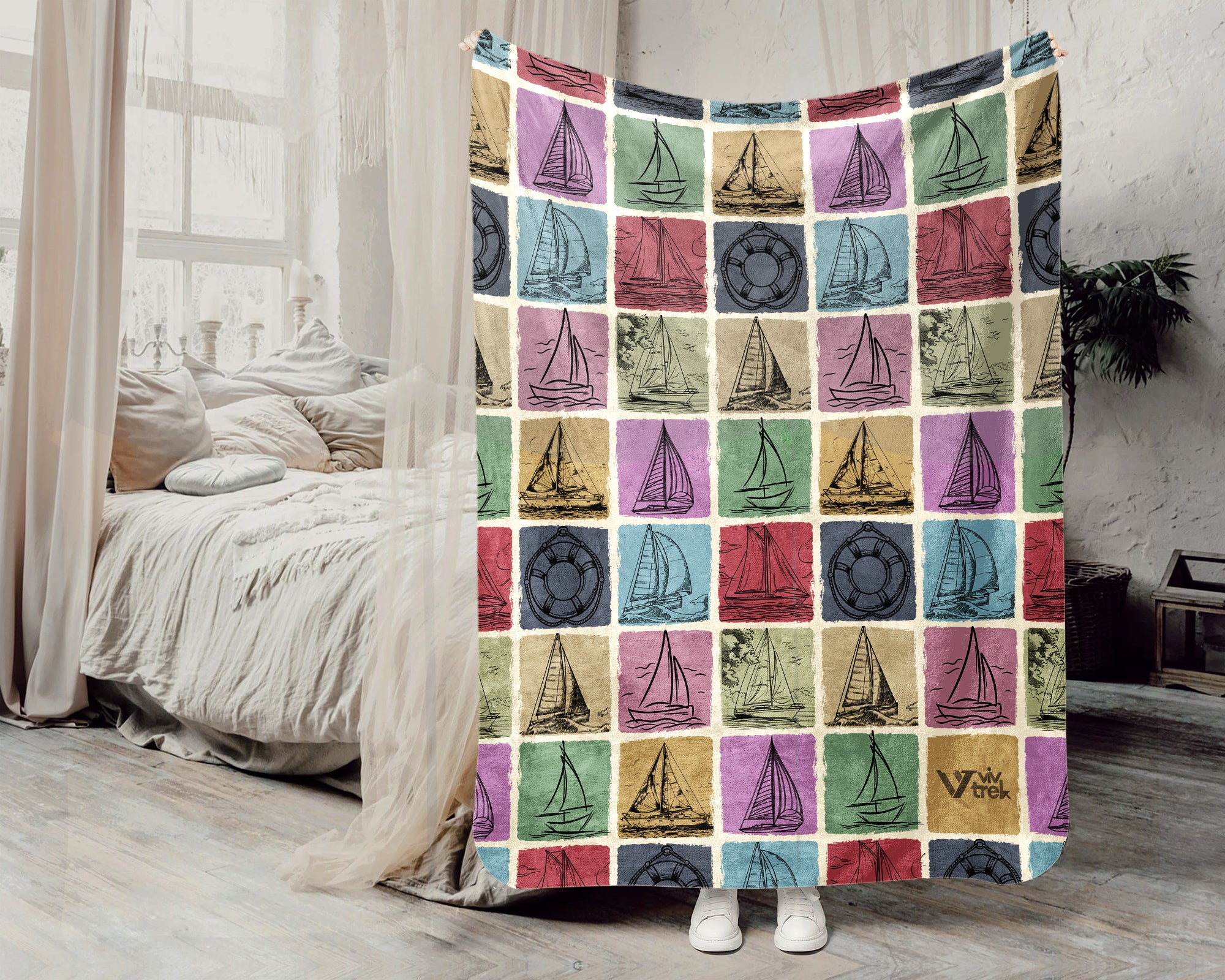 Retro Sailing Boat Blanket for Nautical Decor, Cozy Boating Throw Gift for Sailors and Coastal Home Lovers