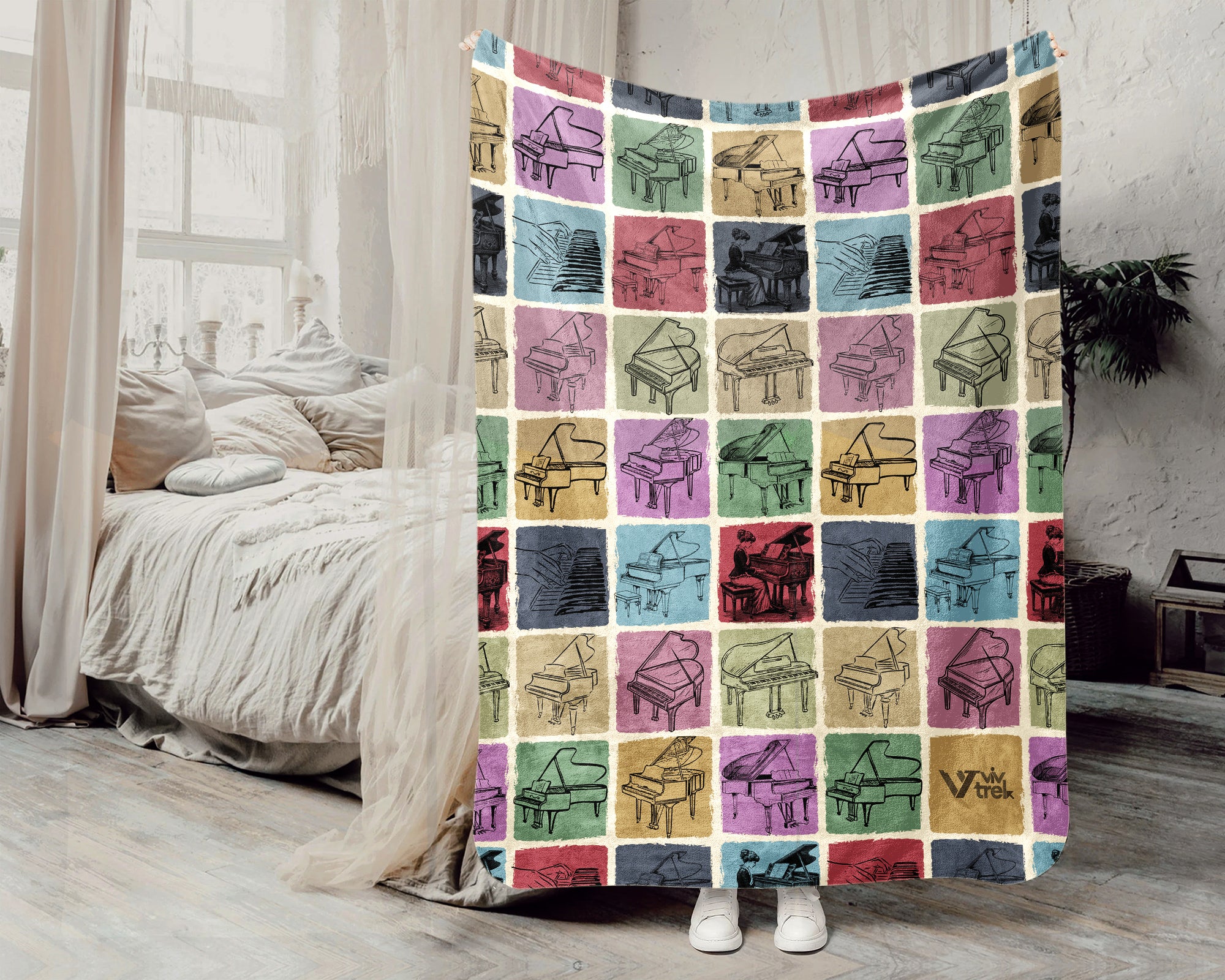 Vintage Grand Piano Blanket Cozy Musician Throw Classical Music Note Blanket Elegant Piano Lover Gift Home Decor Idea for Couch Bedroom