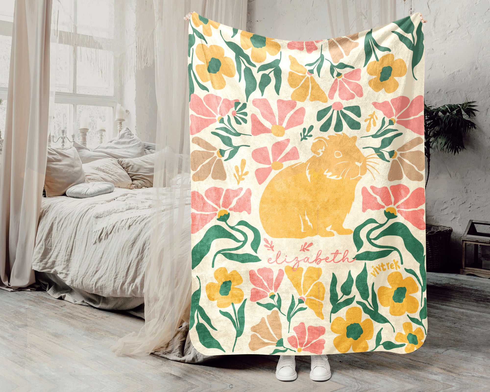 Floral Custom Name Guinea Pig Blanket, Floral Pet Lover Throw, Cozy Wildflower Blanket for Kids Teens Adults Gift