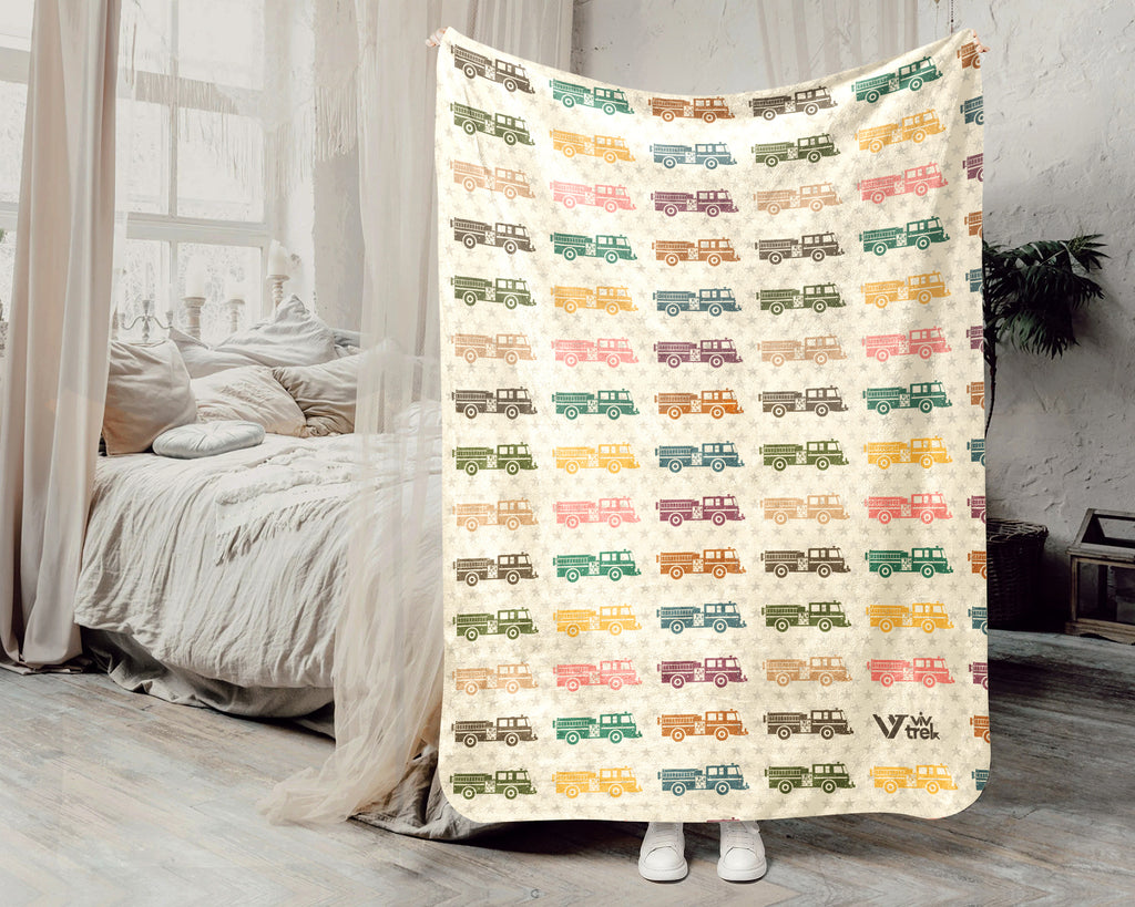 Retro Fire Truck Blanket – Cozy Kids Firefighter Throw Gift