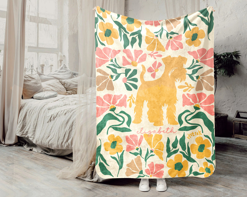 Custom Name Miniature Schnauzer Floral Blanket, Personalized Dog Throw, Cozy Vintage Schnauzer Gift for Pet Lovers