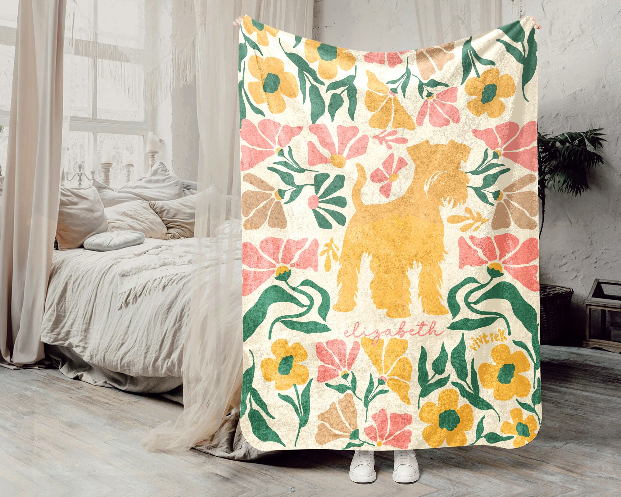 Custom Name Miniature Schnauzer Floral Blanket, Personalized Dog Throw, Cozy Vintage Schnauzer Gift for Pet Lovers