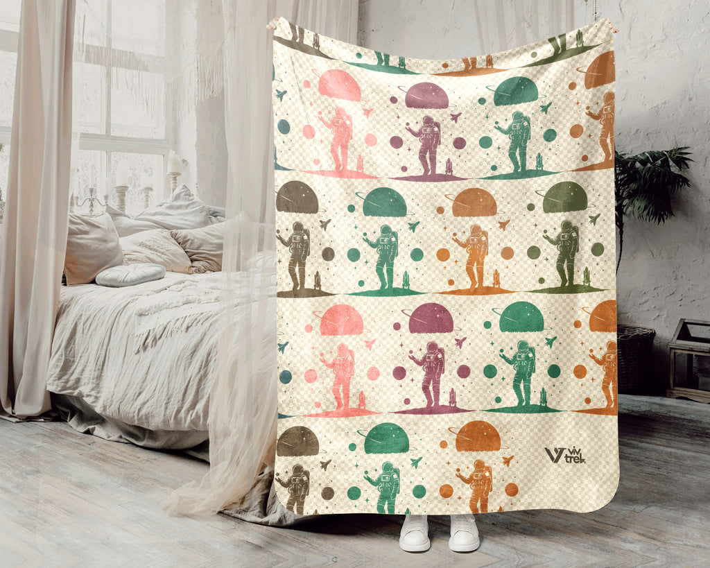 Retro Astronomy Blanket for Galaxy Lovers, Cozy Space Throw with Planet Rocket and Astronaut Theme Decor