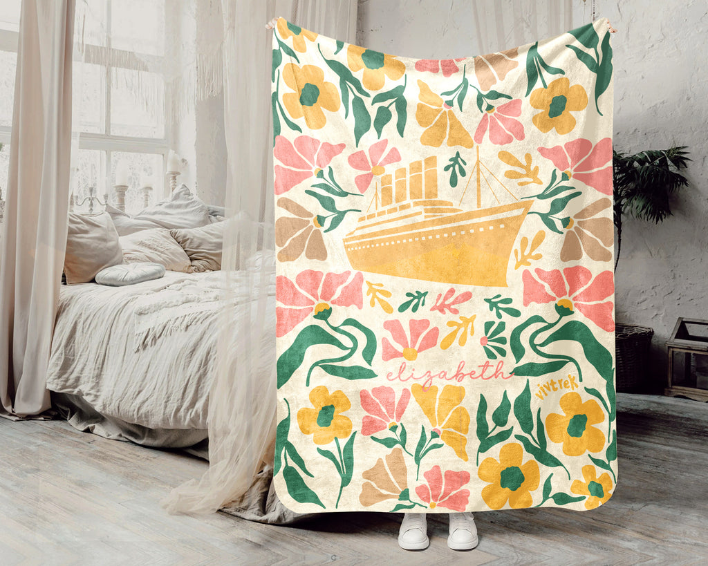 Personalized Floral Titanic Ship Blanket with Custom Name, Cozy Wildflower Ocean Liner Throw for Kids Teens Adults, History Lover Gift