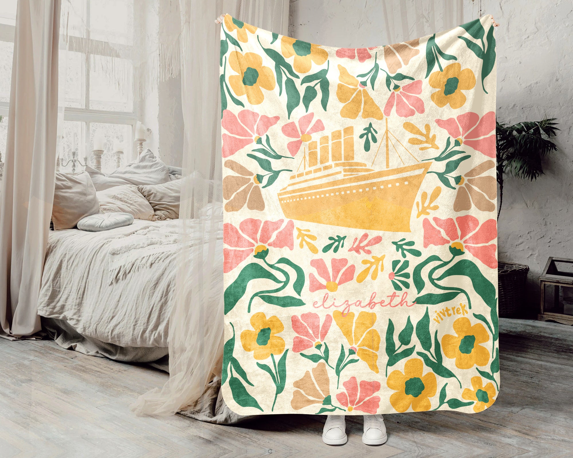 Personalized Floral Titanic Ship Blanket with Custom Name, Cozy Wildflower Ocean Liner Throw for Kids Teens Adults, History Lover Gift