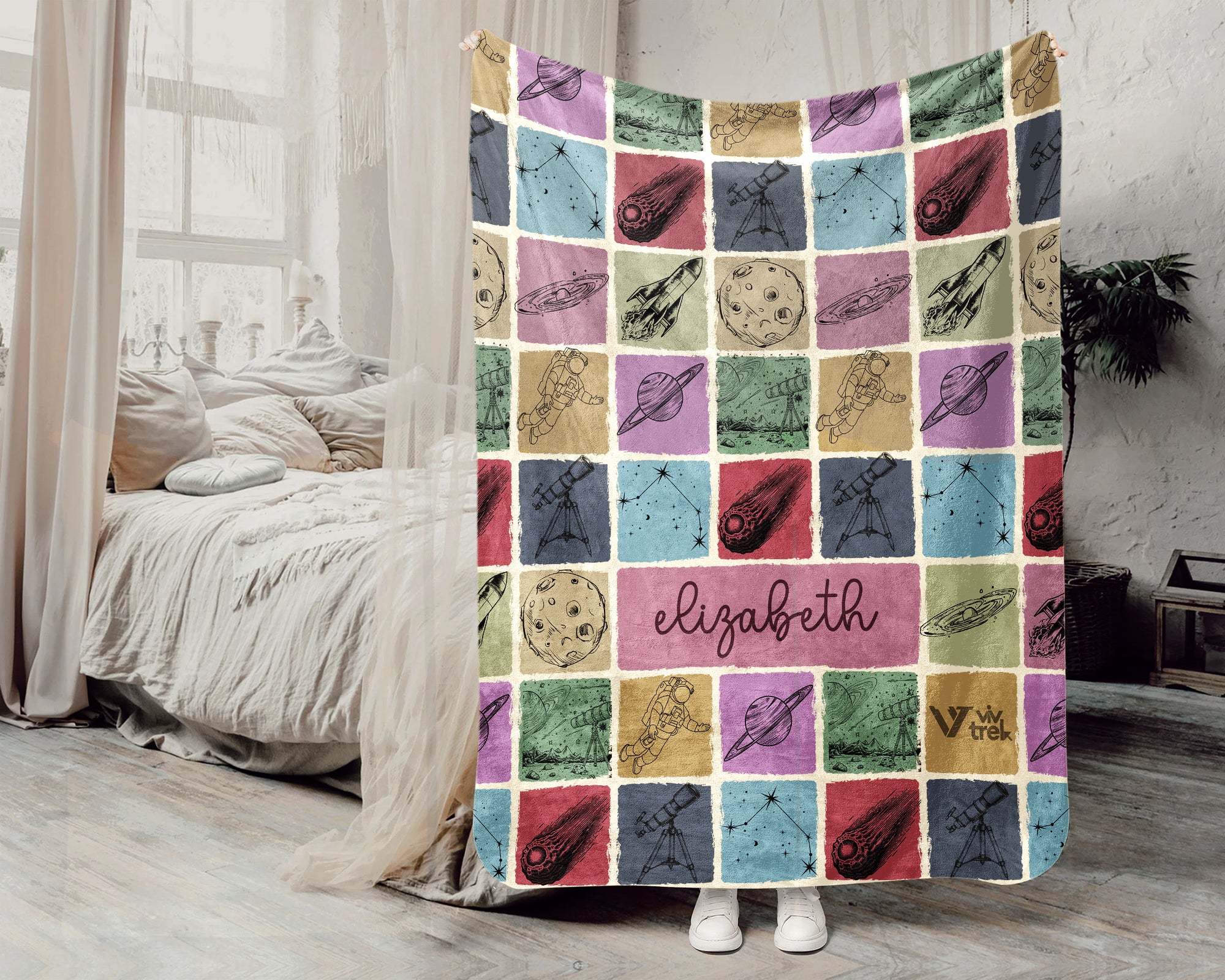 Personalized Name Space Galaxy Blanket, Retro Astronomy Throw Gift for Rocket Star Lovers, Custom Planet Astronaut Decor