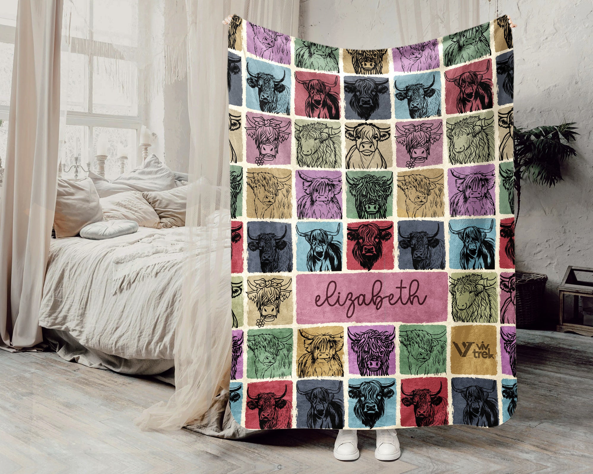 Vintage Personalized Highland Cow Blanket Cozy Custom Name Throw Soft Farm Animal Decor Unique Cow Lover Gift for Home