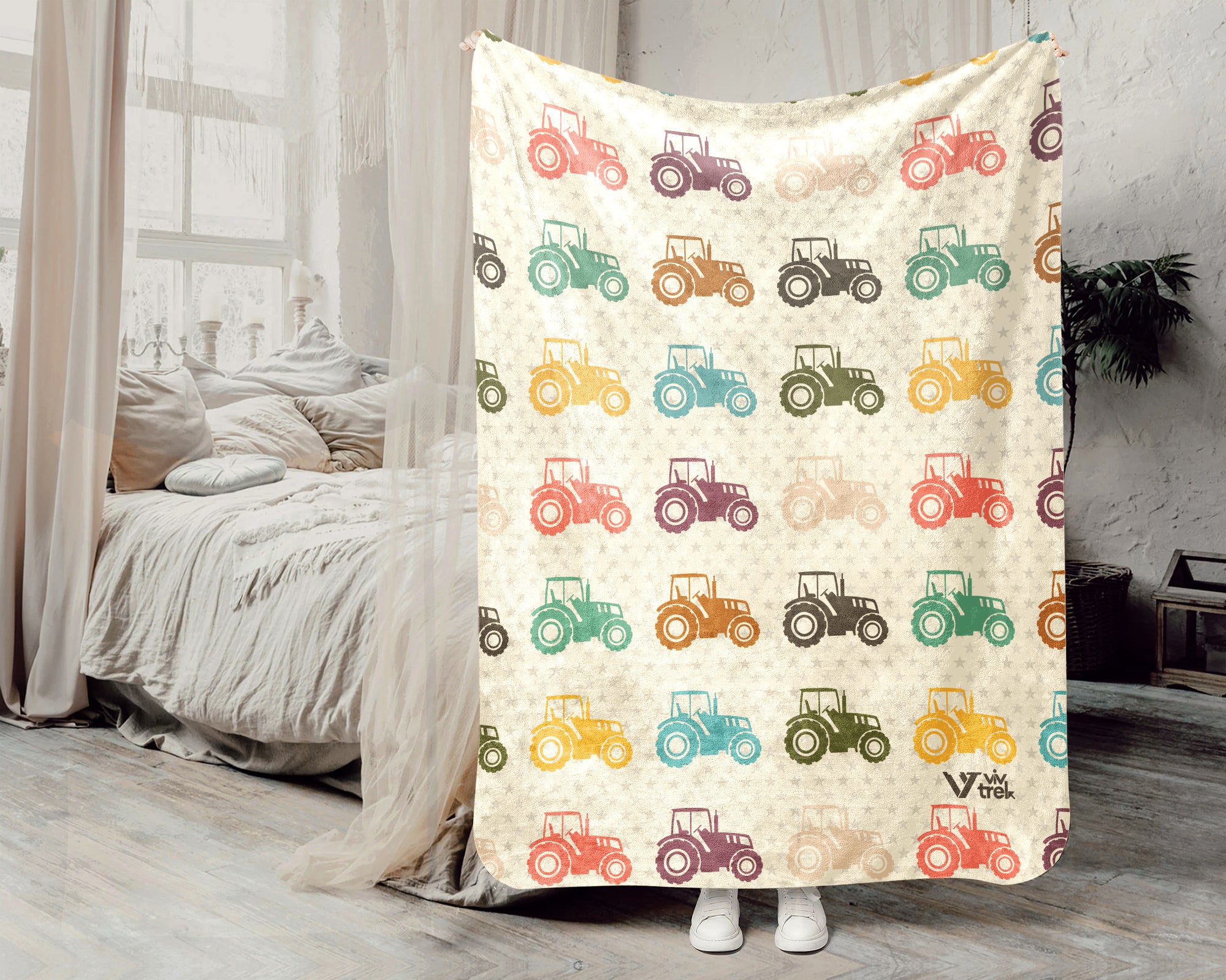 Retro Farming Blanket Gift for Country Lovers, Cozy Tractor Field Throw, Farmhouse Decor Accent for Bedroom and Living Spaces