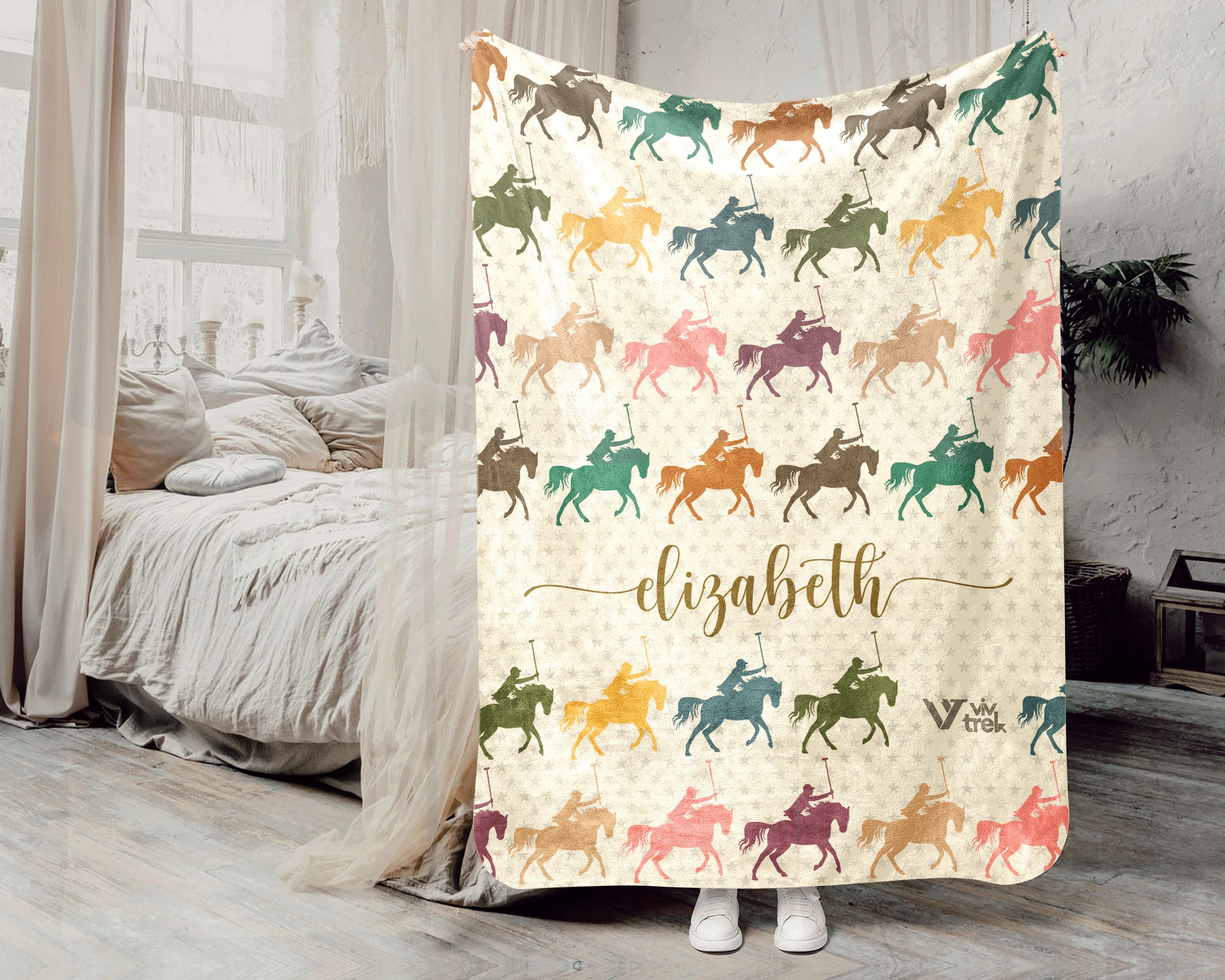 Custom Name Polo Blanket, Cozy Retro Equestrian Throw for Horse Enthusiasts