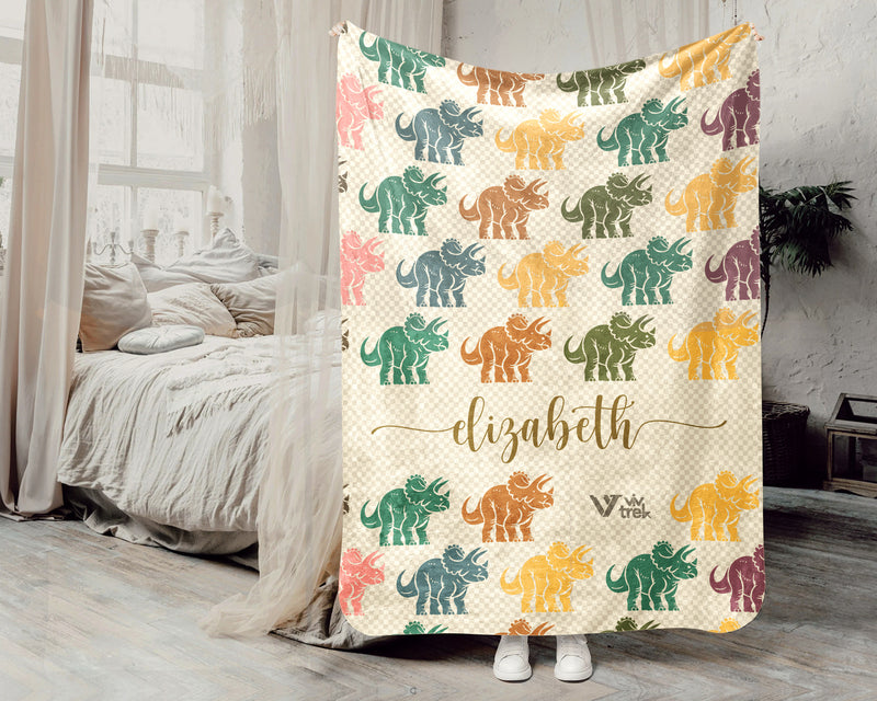 Personalized Triceratops Blanket Custom Name Dino Throw Vintage Prehistoric Decor Cozy Gift Unique Kids Room Accent