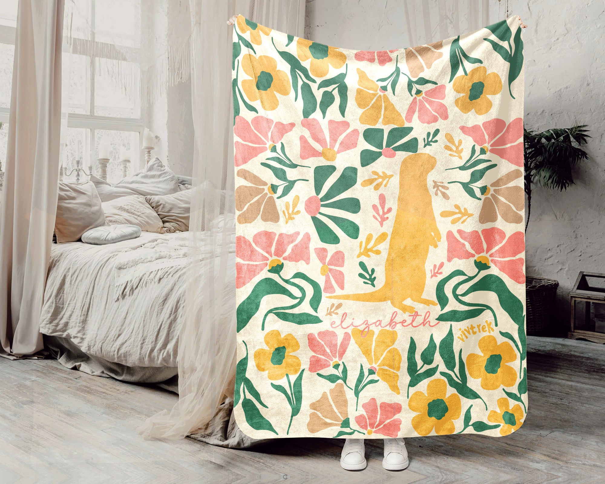 Personalized Floral Otter Blanket with Custom Name, Cozy Floral Throw for Kids Teens Adults, Cute Otter Lover Birthday Gift
