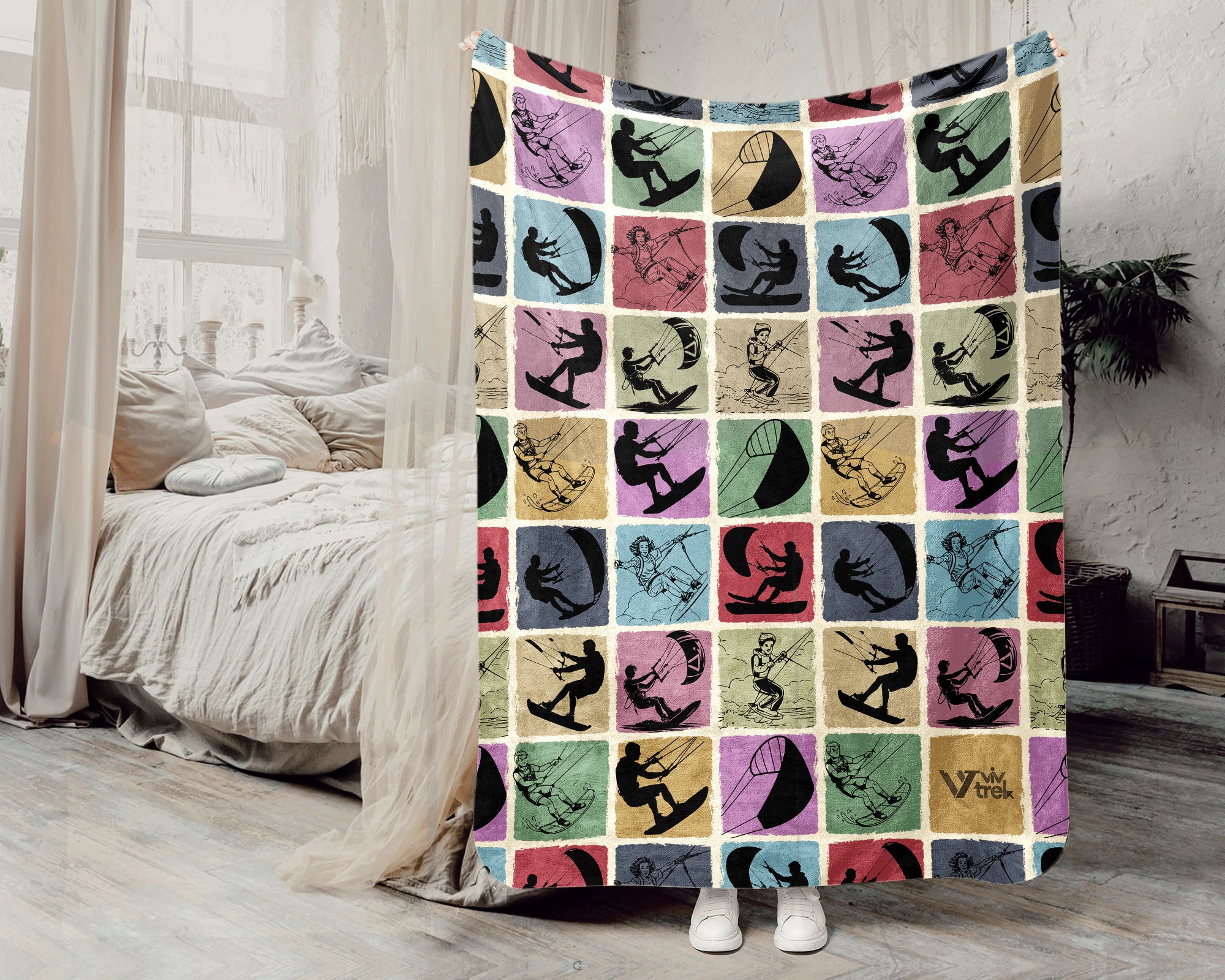 Vintage Kite Surfing Blanket Coastal Ocean Throw Retro Kiteboarder Gift Cozy Beach Lover Decor Nautical Wind Sport Home Accent