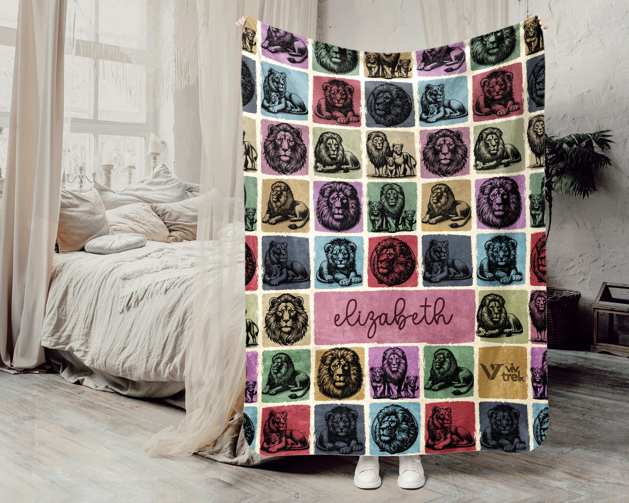 Custom Vintage Lion Blanket Personalized Name Safari Animal Throw Retro Jungle Big Cat Wildlife Gift Cozy Fleece Home Decor Accent Piece