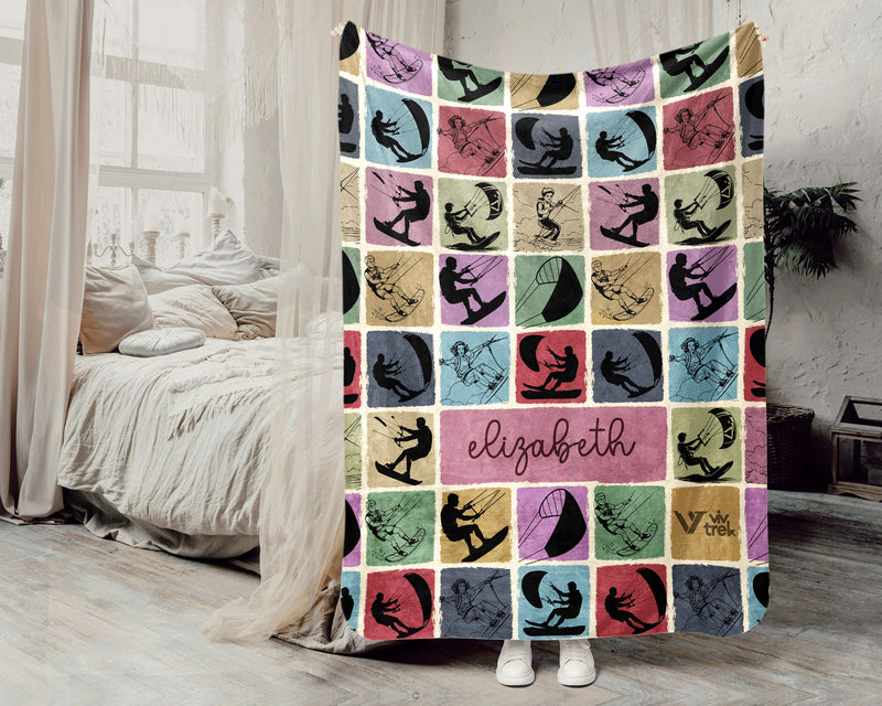 Personalized Kite Surfing Blanket Custom Name Throw Cozy Water Sport Decor Unique Kiteboarding Gift Beach Home Accent