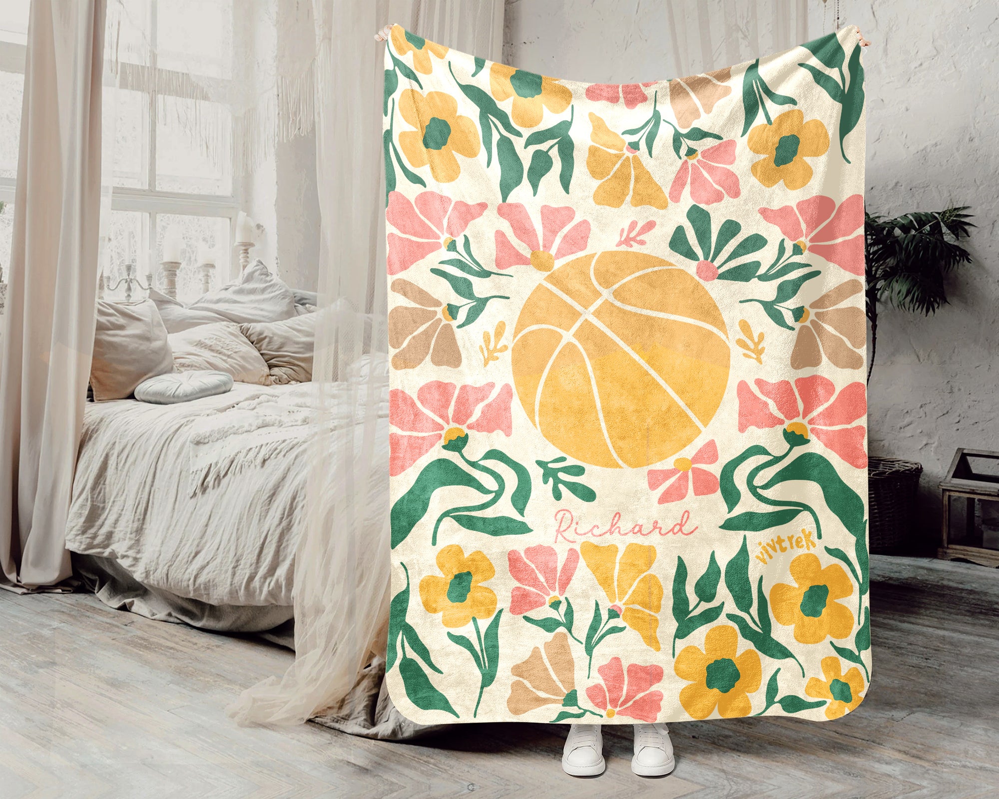 Custom Name Basketball Blanket, Cozy Floral Sports Throw for Hoop Fans