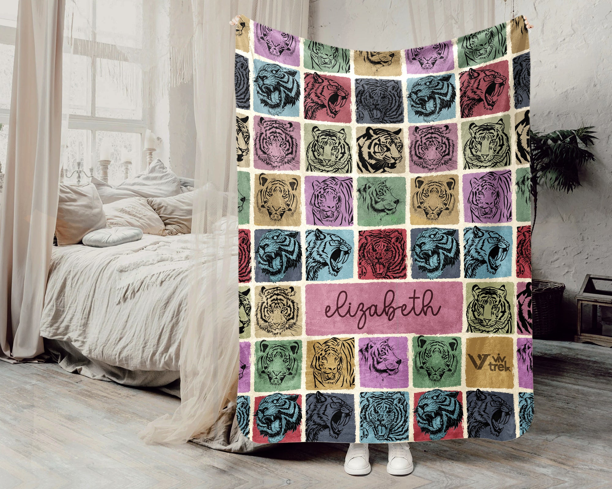 Custom Name Vintage Tiger Blanket Jungle Animal Throw Personalized Cozy Big Cat Decor Nature Inspired Gift Wildlife Lover Home Accent