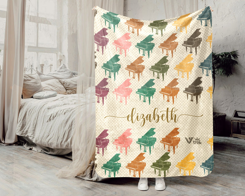 Personalized Piano Blanket Custom Name Vintage Grand Music Lover Retro Pianist Gift Cozy Classical Music Home Decor Throw
