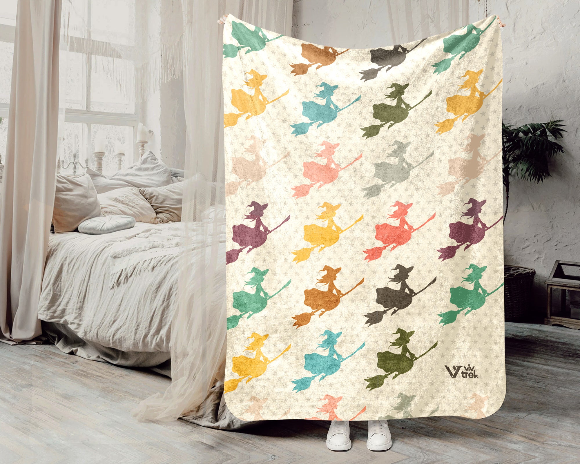 Retro Witch Blanket for Spooky Decor, Cozy Halloween Throw Gift with Magical Gothic Autumn Style