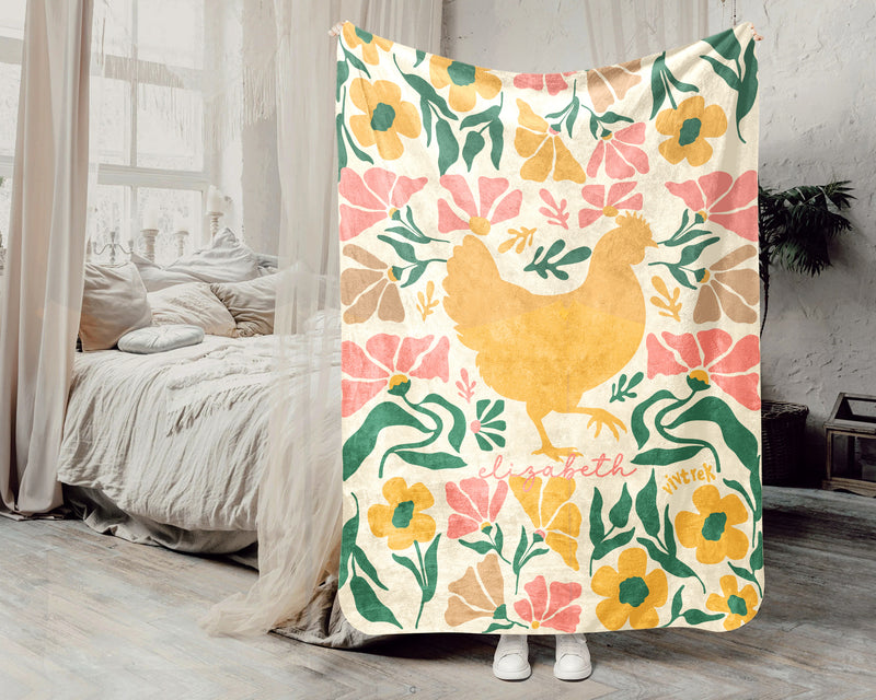 Floral Personalized Chicken Blanket with Custom Name, Cozy Floral Throw for Kids Teens Adults, Chicken Lover Farm Gift