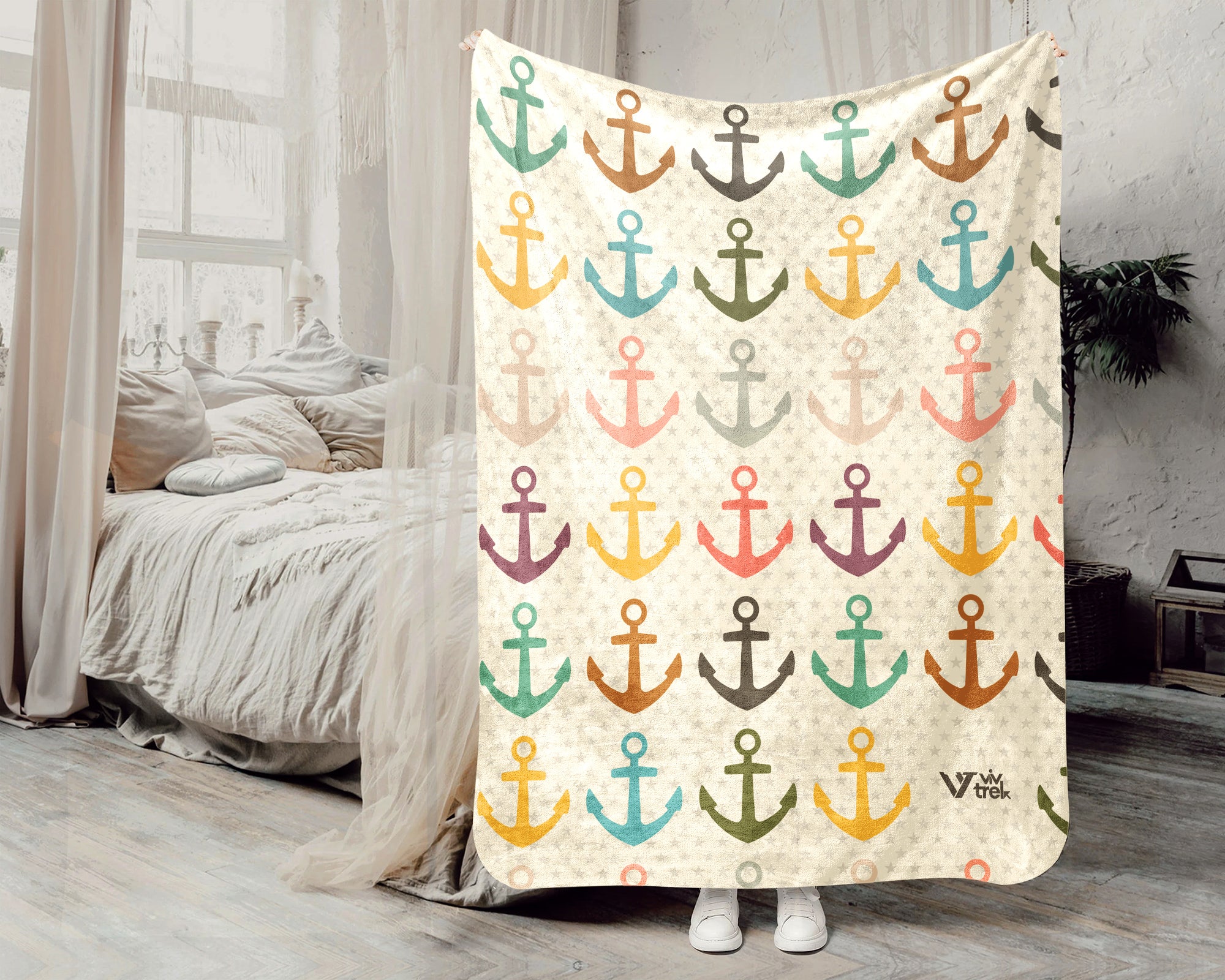 Retro Boat Anchor Blanket for Lake House Decor, Nautical Throw Gift for Sailors, Captains and Boating Fans