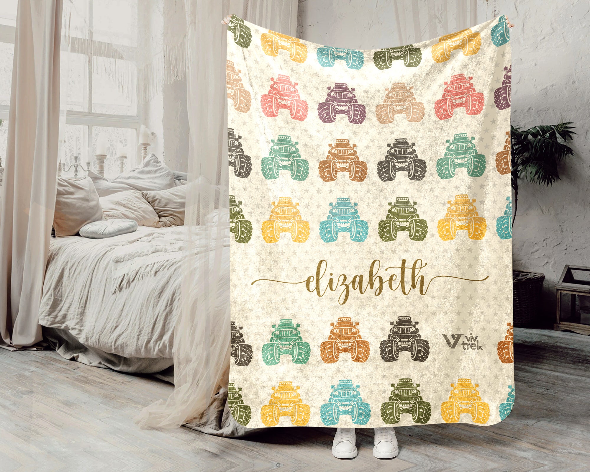 Personalized Monster Truck Blanket for Kids, Custom Name Retro Truck Throw, Cozy Boys Gift, Fun Truck Lover Room Decor Blanket