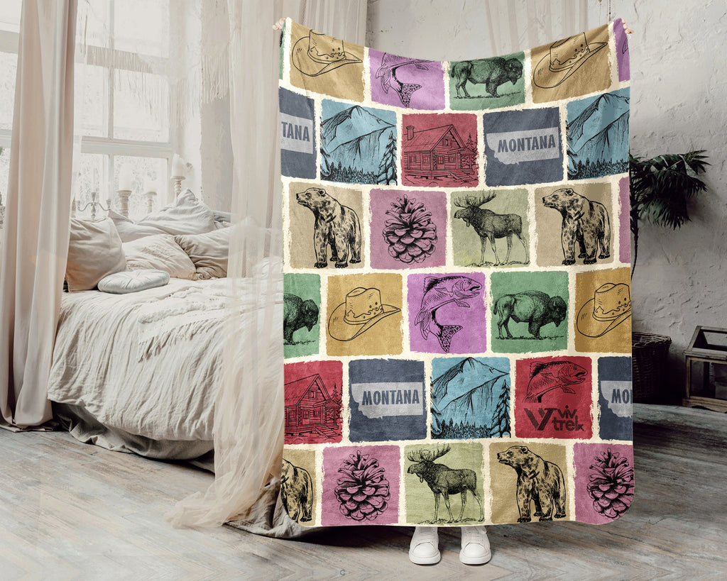 Retro Montana State Blanket, Patriotic 4th of July Cozy Throw, Vintage MT Lover Fleece, American Patriot Big Sky Home Gift