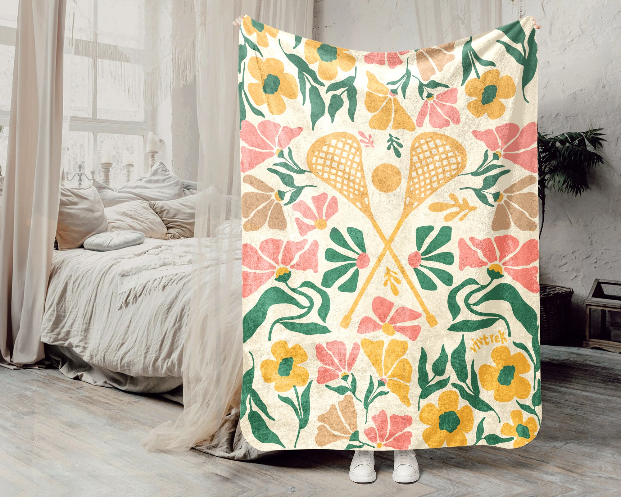 Floral Lacrosse Blanket – Cozy Vintage Sports Throw Gift