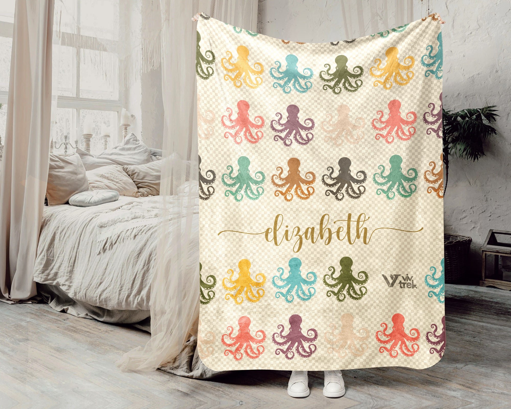 Personalized Octopus Lover Blanket Custom Name Retro Ocean Animal Throw Cozy Marine Life Fleece Gift Nautical Home Decor Accent